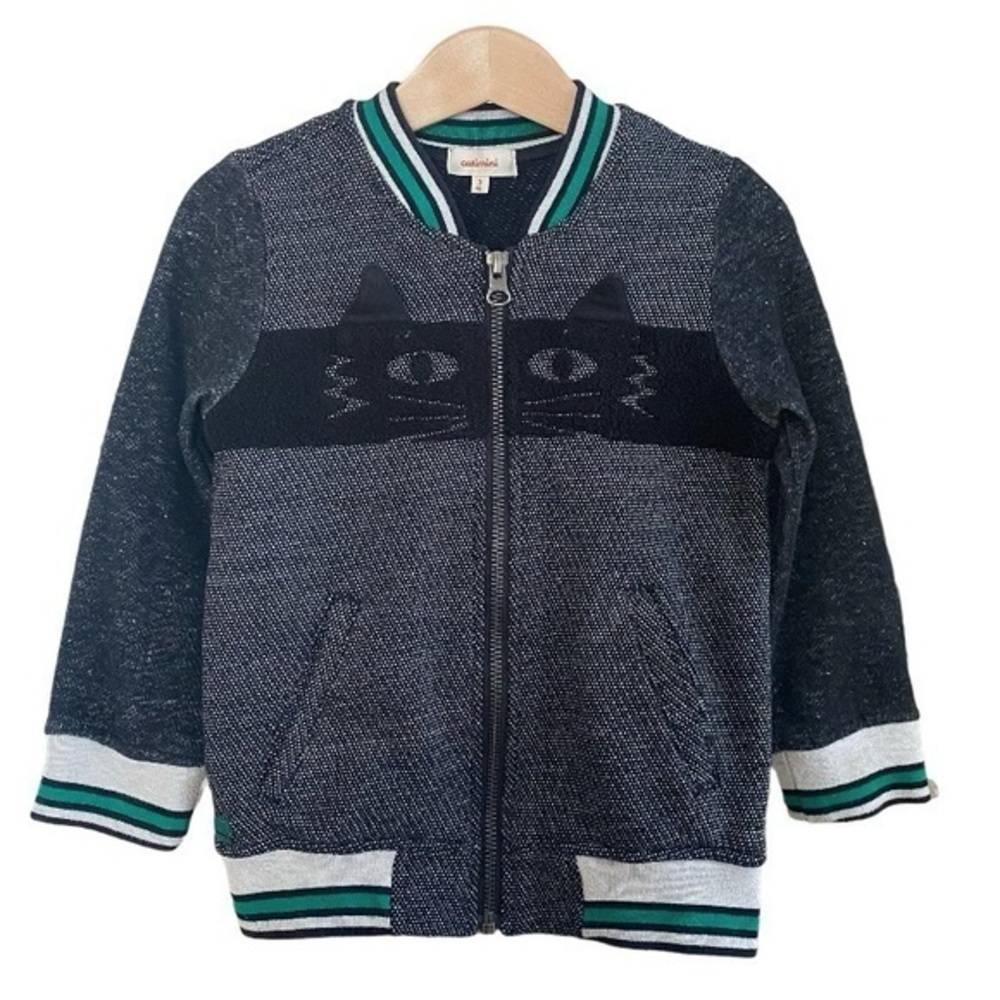 Catimini Charcoal Gray Black Green Knit Cat Boucle Full Zip Sweatshirt Jacket 3t